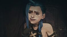 an animated woman with blue hair and piercings holding a knife in her right hand