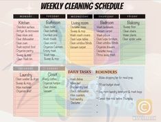 the weekly cleaning schedule is shown with daily tasks and reminders for each week's events