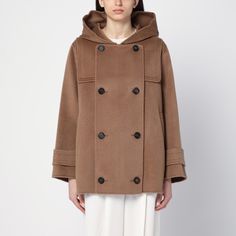 Light brown wool double-breasted short coat from ?S Max Mara featuring a hood, a front button placket, long sleeves, two welt pockets on the front and a back vent. Brown Double-breasted Winter Pea Coat, Brown Double-breasted Pea Coat For Winter, Brown Double-breasted Wool Coat For Winter, Winter Brown Double-breasted Wool Coat, Hooded Pea Coat With Buttons For Workwear, Hooded Pea Coat For Workwear, Brown Double Button Closure Pea Coat For Winter, Brown Double Button Pea Coat For Winter, Brown Winter Pea Coat With Double Button Closure