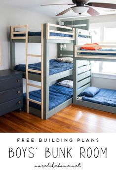 bunk beds with text overlay reading free building plans boys'bunk room