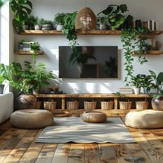 a living room filled with lots of plants and potted plants on top of wooden shelves