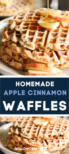 homemade apple cinnamon waffles with syrup being drizzled on top