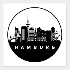 a black and white logo with the word hamburg in front of a cityscape