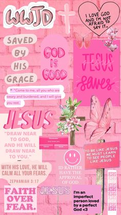 pink and white collage with the words jesus loves you, faith over fear written on it