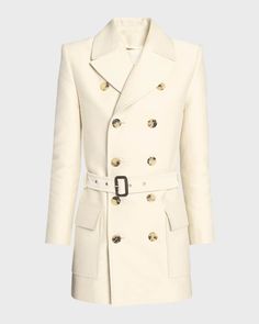 Saint Laurent Belted Double-Breasted Coat | Neiman Marcus Saint Laurent Coat, Dressy Hats, Double Breasted Coat, Slim Waist, White Shoes, Types Of Shoes, Double Breasted, Neiman Marcus, Yves Saint Laurent