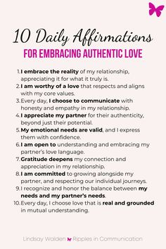 the ten daily affirmations for embracing authentic love, with text above it