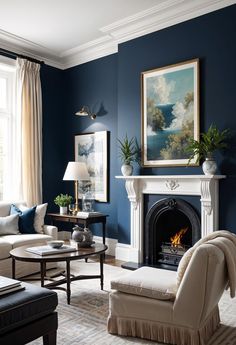 a living room filled with furniture and a fire place next to a painting on the wall