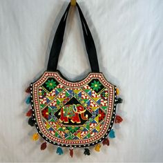 Banjara Ethnic Boho Bright Embroidered & Beaded Shouldertote With Tassels With Approximately 16 Inches Length Approximately 14 Inches Shoulder Drop Approximately 12 Inches New Without Tags Elephant Colour, Bright Boho, Boho Tote, Brand Bags, Branded Bags, No Brand, Red Yellow, Tassels, Elephant