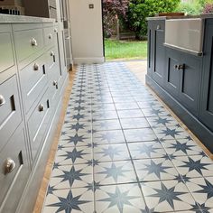 a kitchen floor with blue cabinets and drawers