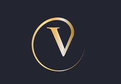 the letter v in a golden circle on a black background with an elegant gold design