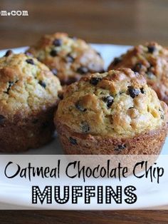 oatmeal chocolate chip muffins on a white plate with the words, oatmeal chocolate chip muffins