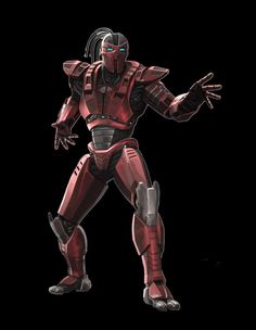 a red robot standing in the dark with his arms out and one hand out to the side