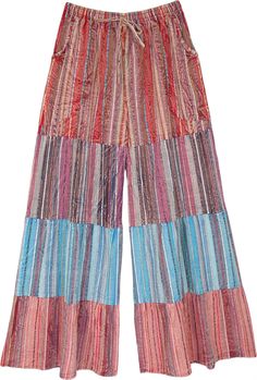 These gypsy cotton pants are very stylish with their contrast striped pattern in a palette of warm and cool shades of blue and red hues.  They are stitched in four progressive patches and they increase in girth towards the hem making them wide leg on the final layer. #tlb #SplitSkirtsPants #Misses #Pocket #vacationclothing #beachwrap #Striped #bohemianfashion #Airybeachpants #Oceandrivecottonpants #Flaredpants #Comfortableairypants #widelegcottonpants #summervacationpants Bohemian Striped Bottoms For Spring, Bohemian Wide Leg Striped Pants, Multicolor Cotton Wide Leg Hippie Pants, Bohemian Striped Cotton Pants, Bohemian Multicolor Wide Leg Trousers, Hippie Style Multicolor Wide-leg Pants, Hippie Multicolor Wide-leg Pants, Wide Leg Cotton Pants, Vacation Pants