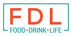 the logo for food drink life, which is orange and blue with green letters that read fdl