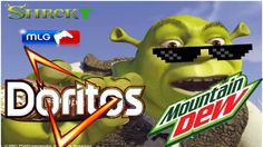 an advertisement for the mountain dew company featuring two cartoon characters, one wearing sunglasses and the other holding a sign that says doritos