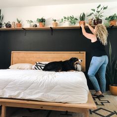 a woman standing on top of a bed next to a dog