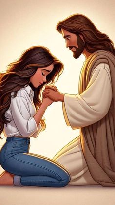 jesus kneeling down next to a woman who is holding her hand with the other hand