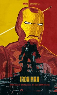 the iron man movie poster is shown in red and yellow