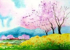 a watercolor painting of trees and flowers on a hill