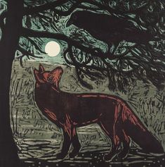 a drawing of a wolf standing in front of a tree with the moon behind it