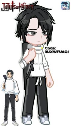 an anime character with black hair and white shirt, standing next to another character in front of