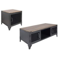 two black metal and wood tables with drawers on each side, one has a wooden top