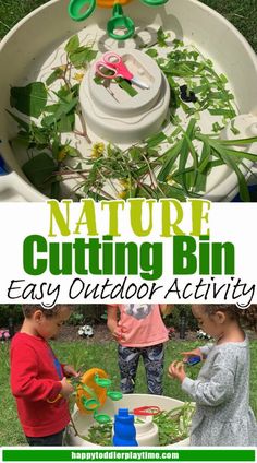 kids playing with nature cutting bins in the yard