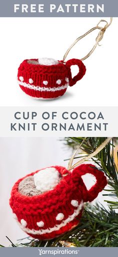 two crocheted coffee mugs hanging from a christmas tree with text overlay that says cup of cocoa knit ornament