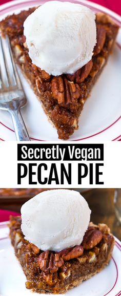 there is a slice of pecan pie with ice cream on top