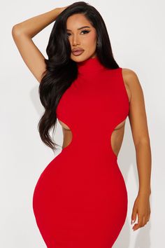 Red Stretch High Neck Dress, Red High Neck Stretch Dress, Red High Neck Bodycon Dress For Party, Red High Neck Mini Dress For Party, High Neck Red Bodycon Party Dress, Red High Neck Mini Dress For Night Out, Red Fitted Cutout Dress, Fitted Red Cutout Dress, Red High Neck Bodycon Dress