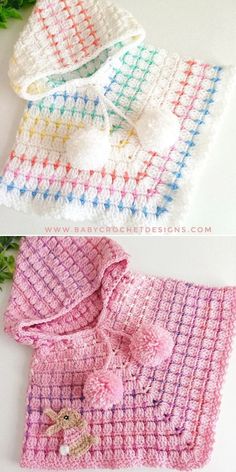 three crocheted baby sweaters with bows on them, one is pink and the other is white