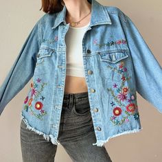 Vintage Carole Little Denim Flower Embroidered Denim Jacket W/ Raw Hem Size On Tag: No Size Printed. Fits Like A L/Xl Model (Me) Is A Size S/26/4 And 5’6” For Reference Condition: Great Preowned Condition. Normal Wear. No Flaws. Always Open To Offers Bundle To Save Reach Out If You Have Any Q’s Follow Along Basicposhbabe On Social Media Ily Already Clothes Embroidery, Clothes Embroidery Diy, Embroidered Jean Jacket, Coats Vintage, Embroidery Diy, Embroidered Denim Jacket, Denim Flowers, Embroidery On Clothes, Embroidered Denim