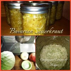 four jars filled with food sitting on top of a wooden table next to an apple and cabbage