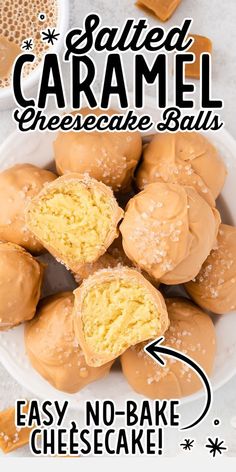 Salted Caramel Cheesecake Bites Salted Caramel Cheesecake Bites, Mini Caramel Cheesecake, Caramel Cheesecake Bites, Salted Caramel Desserts, Cheesecake Balls, Easy No Bake Cheesecake, Salted Caramel Cheesecake, Fruit Dessert Recipes, Dessert Bites