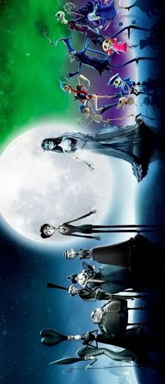 a group of cartoon characters standing in front of a full moon with the same background