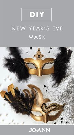 two masks with black feathers on them and the words diy new year's eve mask