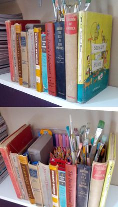 two shelves with books, pens and pencils in them on top of each other