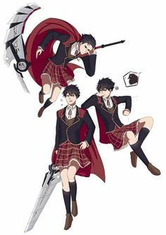 three anime characters dressed in school uniforms and holding swords, one is wearing a red cape