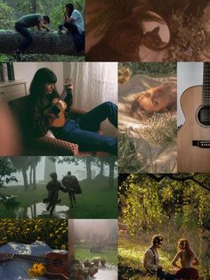 the collage shows many different scenes in this photo, including two people playing guitar and one woman sitting on a bench