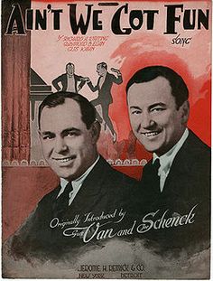 an old poster advertising two men in suits on the cover of a magazine, with caption that reads'i can't we got fun song '