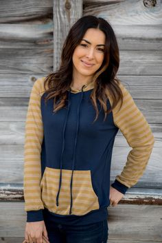 Striped Two Tone Sleeve/Pocket Hoodie - XL, Navy - $36.00 -  - Betsey's Boutique Shop Pocket Hoodie, Boutique Shop, Color Stripes, Shirt Shop, Two Tone, Shirts Tops, Boutique, Sweatshirts, Clothes