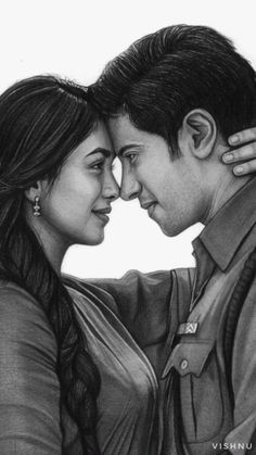 a pencil drawing of a couple hugging each other with their foreheads close to one another