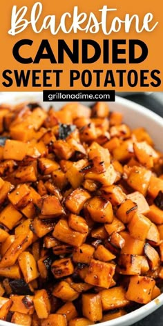 a bowl full of baked sweet potatoes with the title in the middle and text overlay