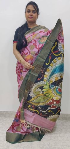 Our Pure ZariTussar/tussor Silk Saree, Silk we use, comes only from originally from only Bishnupur. The Zari We use all over the saree it's also reliable and premium quality golden lining Zari and Tussor are we are always known for their bit hard original texture.  You can feel 100% real texture in our all Tosser collections, all the designs you saw in the pictures all over our shop are handpainted artwork by our artist, some time we need extra time to finish the saree but we always promise you the artistic work as well as the quality forever. You can feel the Original artistic Hand-painted work and every king of artwork feel the real texture of Tussor.  Saree Details : Silk Type : Pure Zari or Jari Tassor/Tussar (Bishnupuri) Blouse Piece: Yes (Un-Stitched) Saree Length: 5.5 Meters Artistic Silk Saree With Traditional Patterns, Traditional Pink Saree With Block Print, Traditional Pink Dupatta With Kalamkari Print, Artistic Silk Saree For Festive Occasions, Traditional Pink Digital Prints For Festive Occasions, Tussar Silk Saree With Digital Pallu Prints, Traditional Raw Silk Blouse Piece With Block Print, Art Silk Digital Prints For Festivals, Traditional Festive Pink Digital Prints