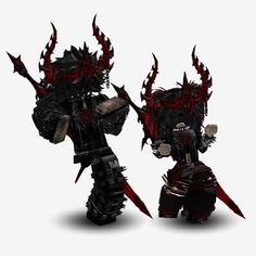 two black and red robot like creatures standing next to each other on a white background