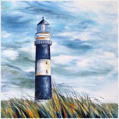 a painting of a lighthouse in the middle of some tall grass and blue sky with clouds