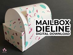 an open mailbox with the words mailbox dieline on it's side