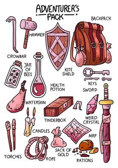 an image of some items that are in the book adventurer's pack, including books and other things