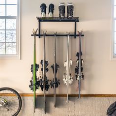 garage ski storage Ski Shelf, Wall Storage System, Wall Storage Systems, Garage Organize, Yard Tools, Ski Storage, Garage Makeover, Ski Gear, Shop Storage