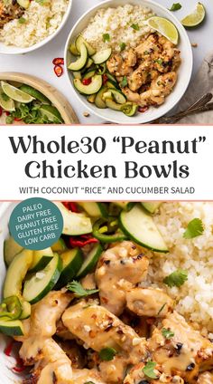 whole 30's peanut chicken bowls with coconut - rice and cucumber salad